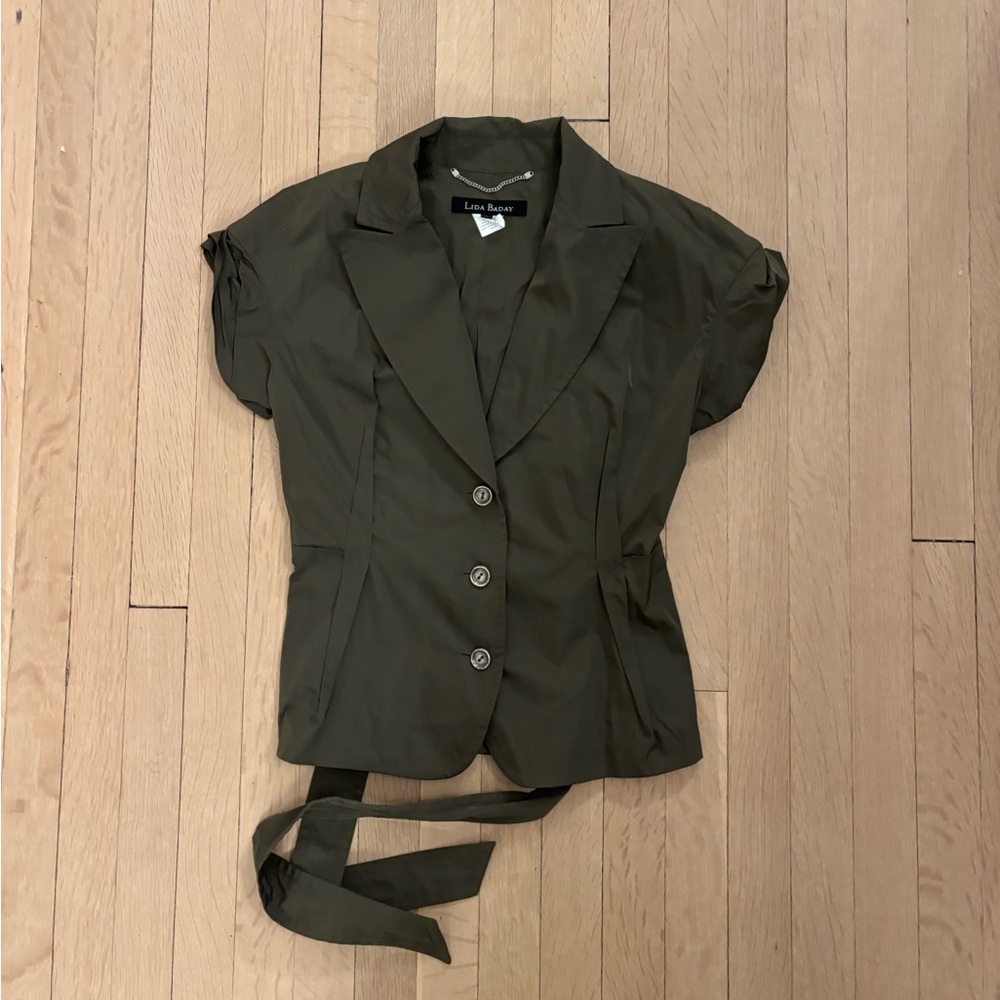Lida Baday Women's Olive Jacket Nylon Silky Button Down Tie SIZE 8